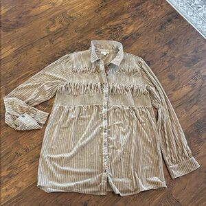Mystree Womens Size large cream tan  button up velvet burnout smocked gorgeous